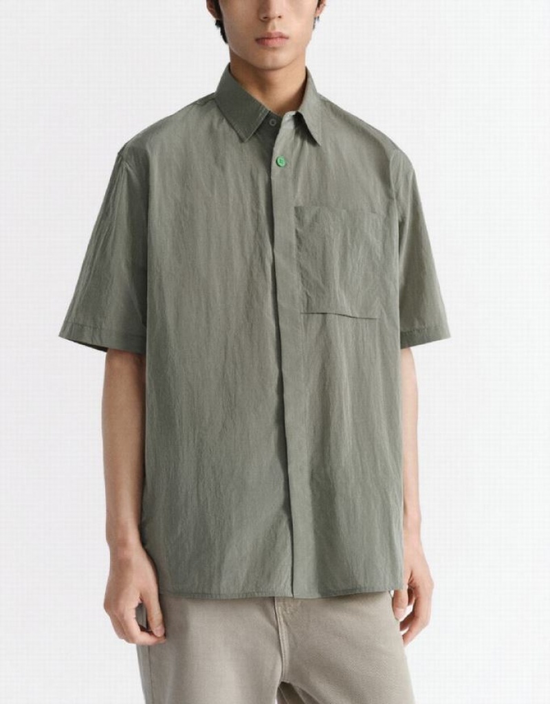 Urban Revivo Button Up 真っ直ぐ シャツ メンズ 緑 | 942175-TGM