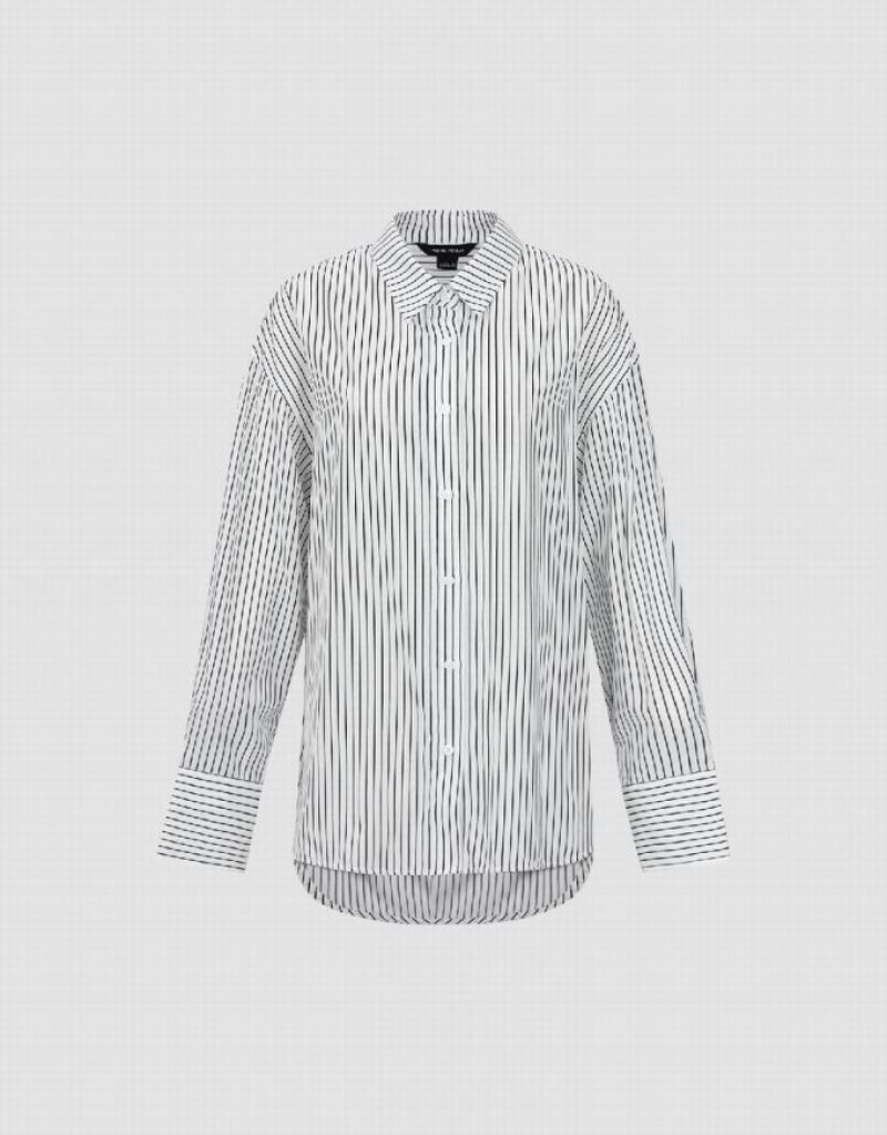 Urban Revivo Button Up ストライプ 真っ直ぐ シャツ レディース 白 | 265018-IUD