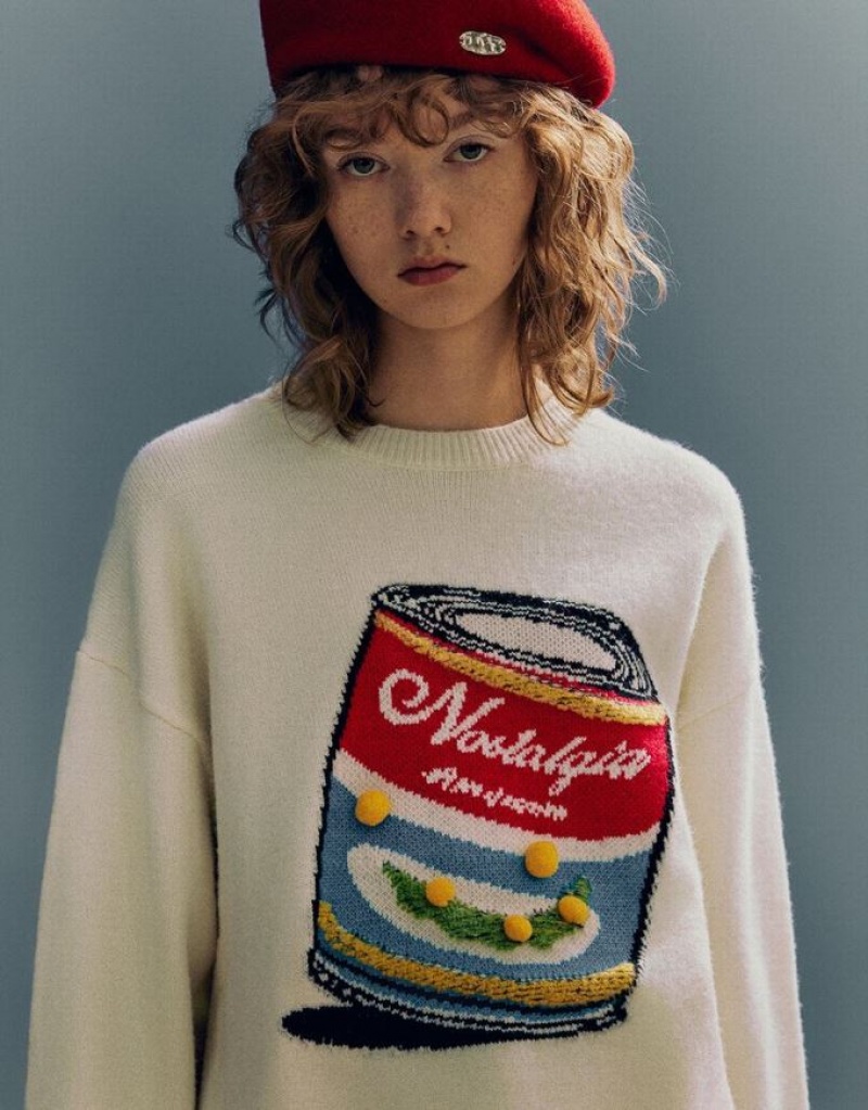 Urban Revivo Can Embroidered Crew Neck ニット カーディガン レディース 白 | 564391-OLC