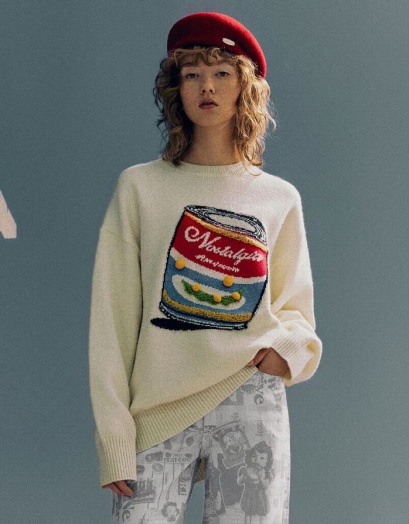 Urban Revivo Can Embroidered Crew Neck ニット カーディガン レディース 白 | 564391-OLC