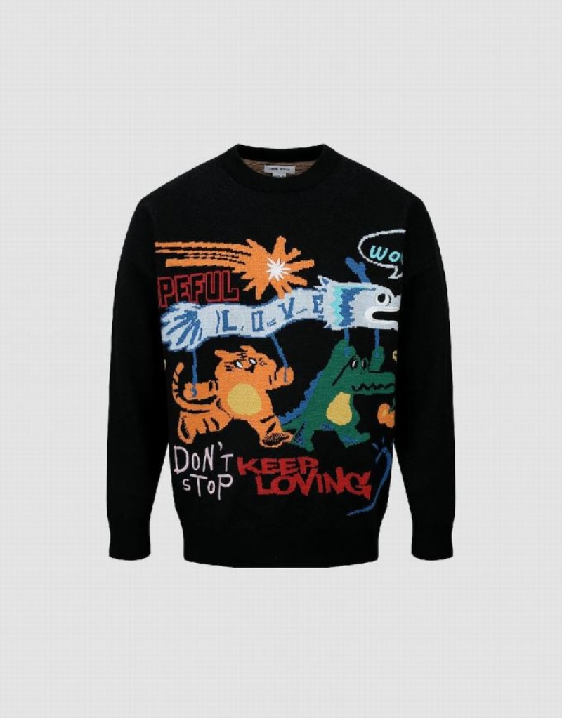 Urban Revivo Cartoon Embroidered Crew Neck セーター メンズ 黒 | 015384-NWE