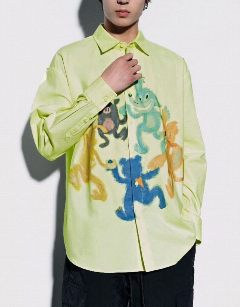 Urban Revivo Cartoon Printed Oversized シャツ メンズ 緑 | 306918-RCH