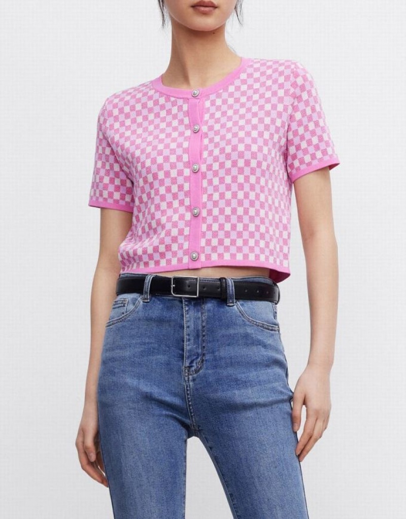 Urban Revivo Checkered Faux Pearl Button ニット Top カーディガン レディース 赤 | 094375-QZN