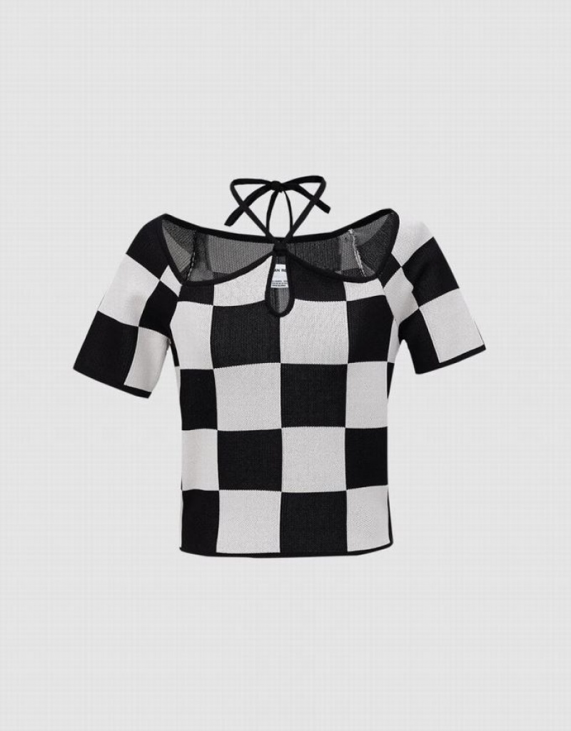 Urban Revivo Checkered Halter ニット Top カーディガン レディース グレー | 375082-FDZ