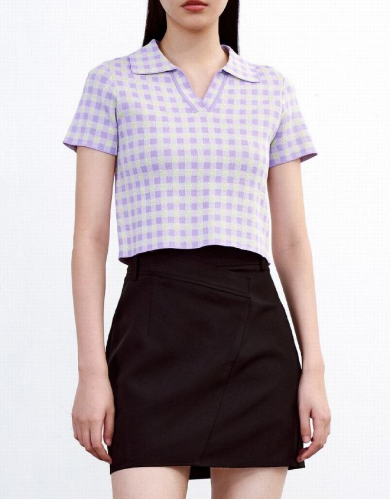 Urban Revivo Checkered Short Sleeve ニット Top カーディガン レディース 紫 | 508613-FKA