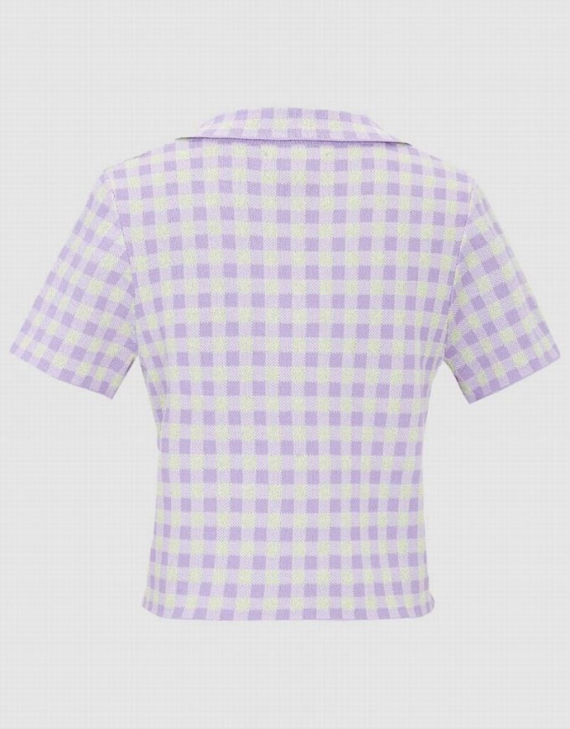 Urban Revivo Checkered Short Sleeve ニット Top カーディガン レディース 紫 | 508613-FKA