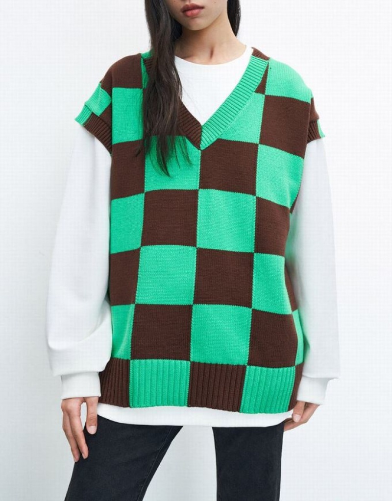 Urban Revivo Checkered タンクトップ レディース 緑 ブラウン | 721654-EQR