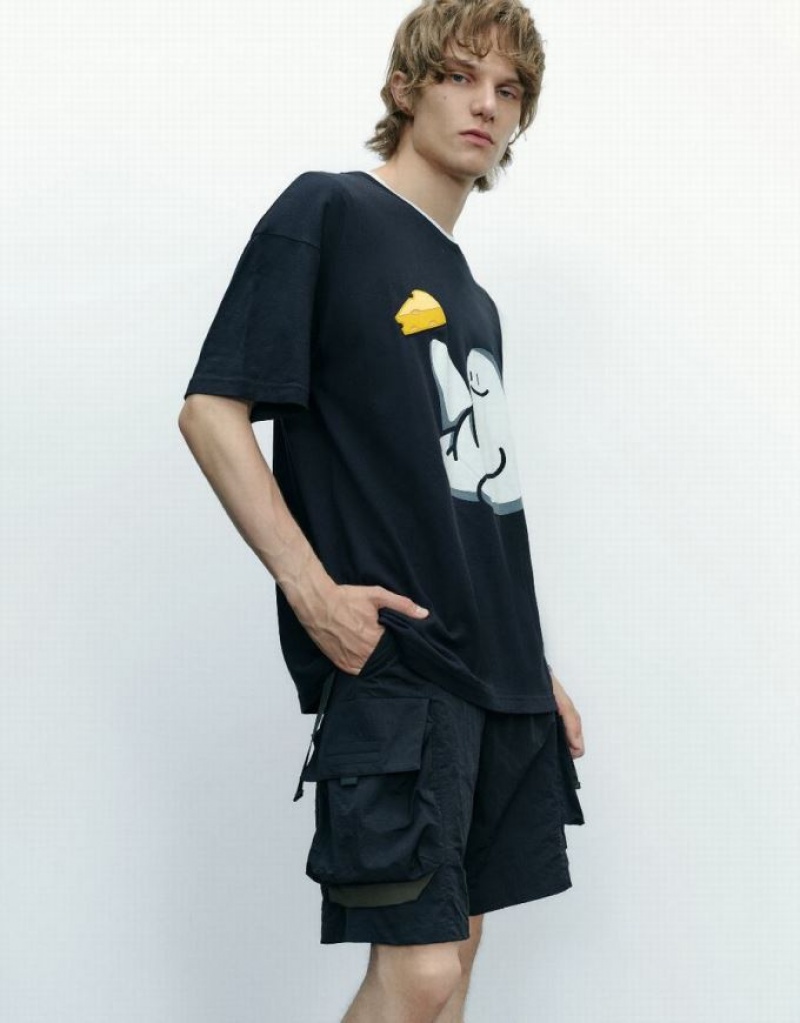 Urban Revivo Cheese Man Printed Crew Neck Tシャツ メンズ 黒 | 083715-ROW