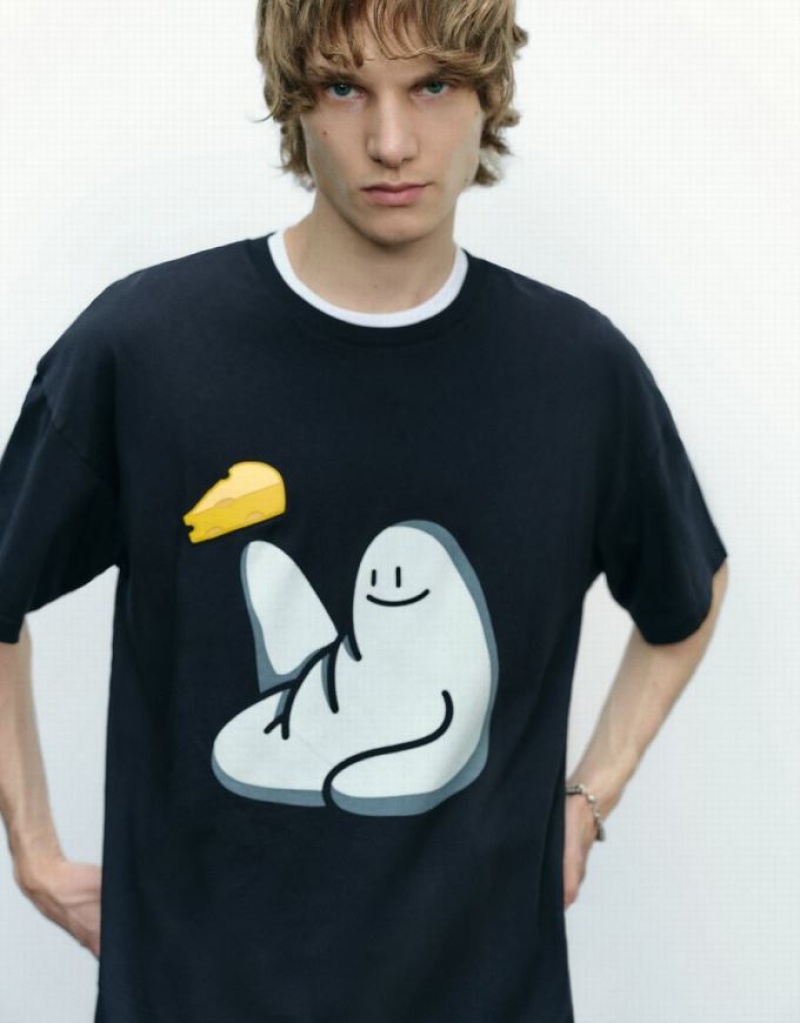 Urban Revivo Cheese Man Printed Crew Neck Tシャツ メンズ 黒 | 083715-ROW