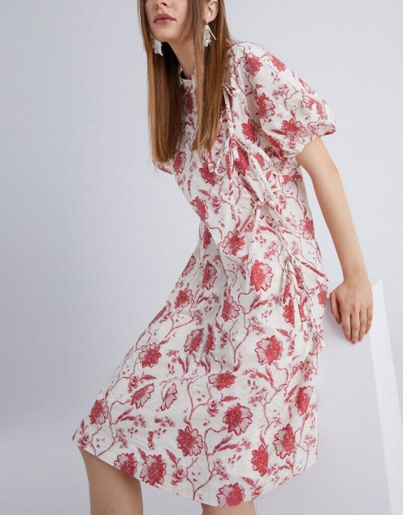 Urban Revivo Chinese スタイル Floral Print Puff Sleeve カジュアルドレス レディース 白 | 392085-NRQ