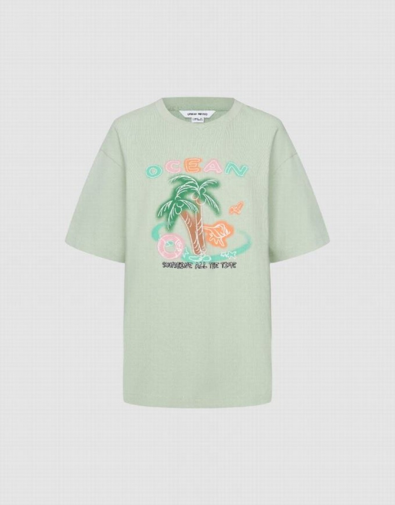 Urban Revivo Coconut Tree Printed Crew Neck Tシャツ レディース Mint | 502936-EQU