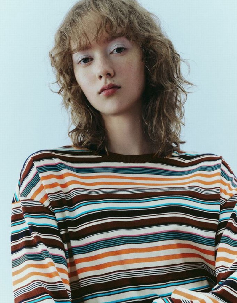 Urban Revivo Crew Neck Loose Tシャツ レディース Stripes | 864159-AZH