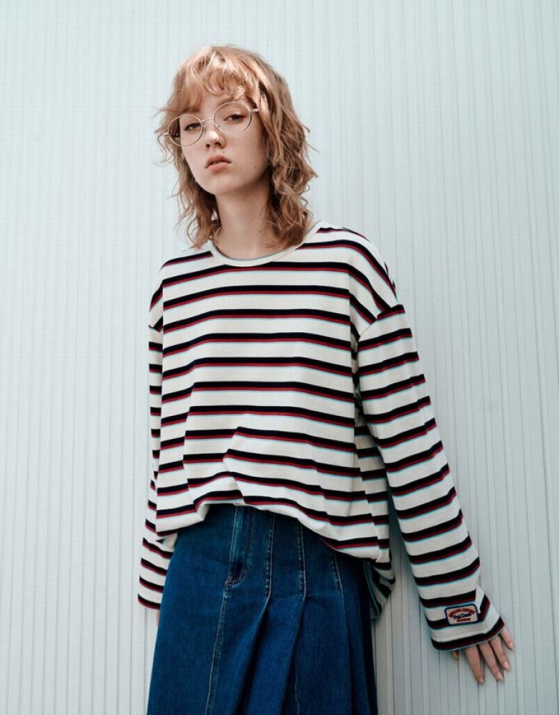 Urban Revivo Crew Neck Tシャツ レディース Stripes | 190472-GRB