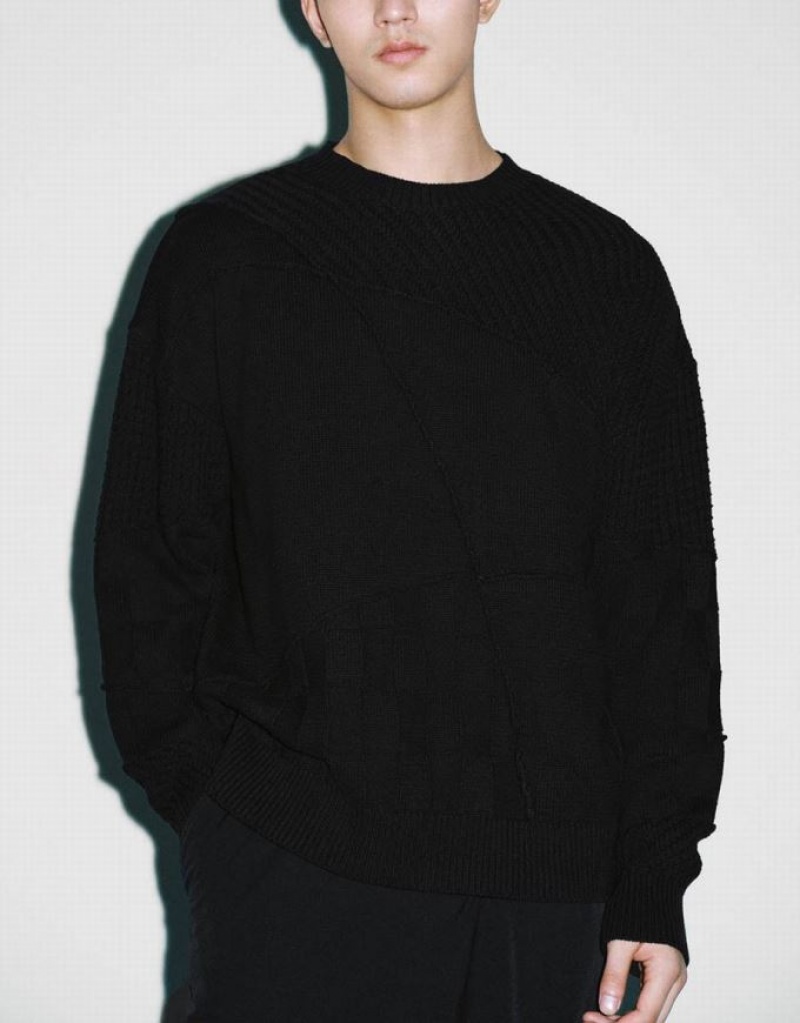 Urban Revivo Crew Neck ニット カーディガン メンズ 黒 | 481350-XIE