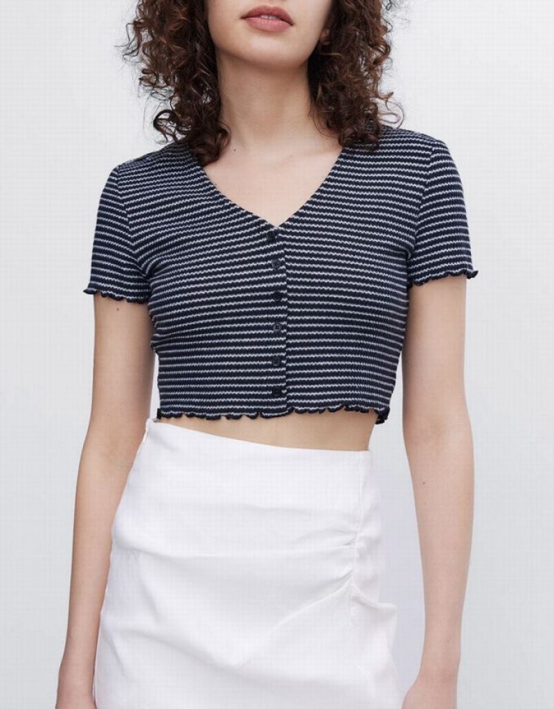 Urban Revivo Crop Tシャツ レディース Stripes | 097341-WLU