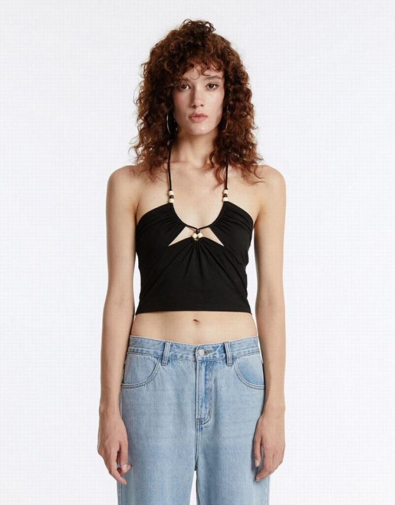 Urban Revivo Cut Out Halter タンクトップ レディース 黒 | 928406-MSI