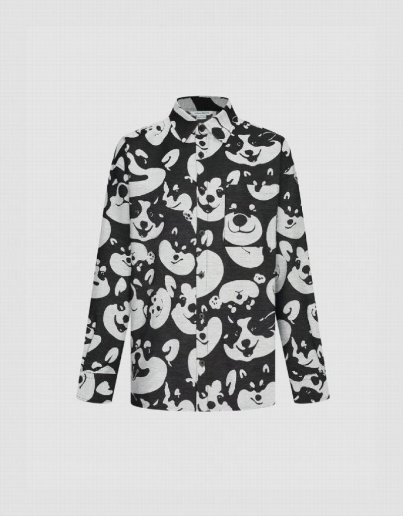 Urban Revivo Dog Printed Oversized シャツ メンズ 黒 | 025948-QPE