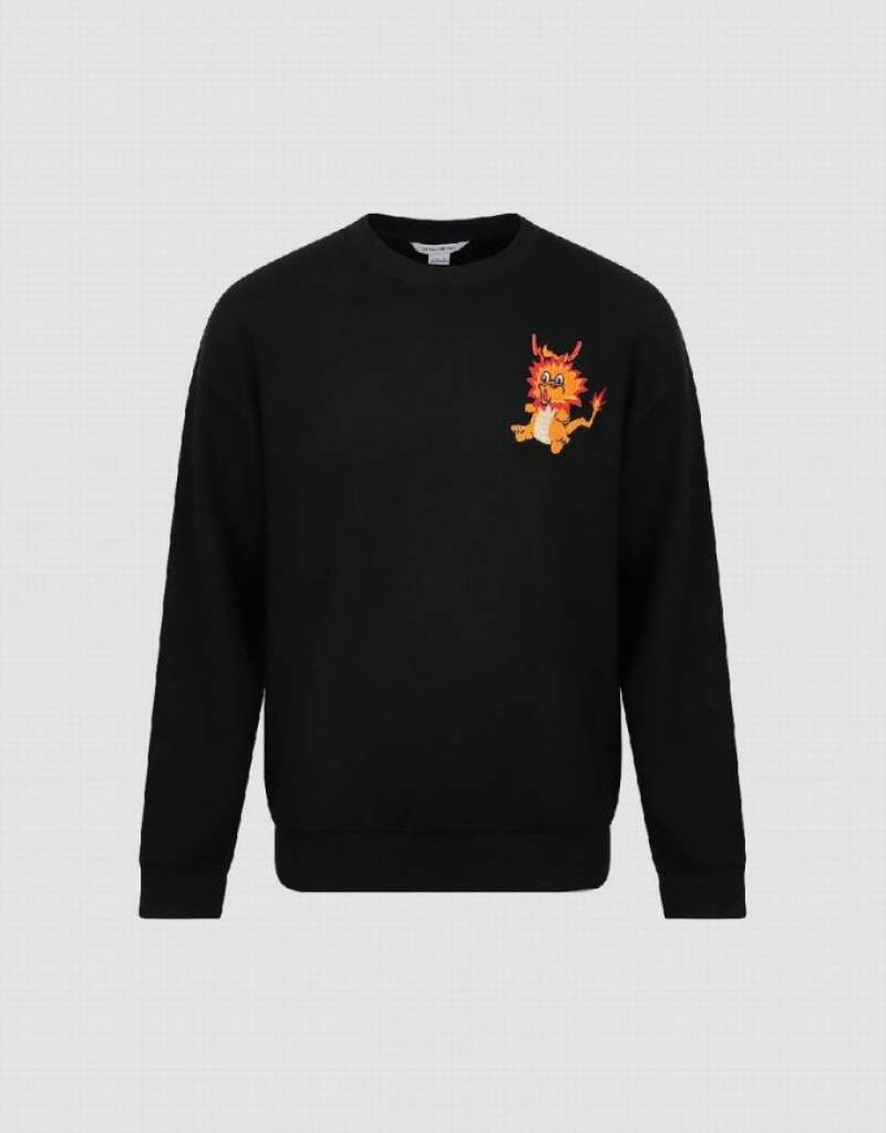 Urban Revivo Dragon Embossed Crew Neck スウェットシャツ メンズ 黒 | 689370-GFS