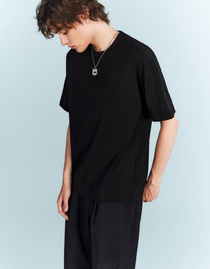 Urban Revivo Drop Shoulder Sleeve Crew Neck Tシャツ メンズ 黒 | 935276-ATG