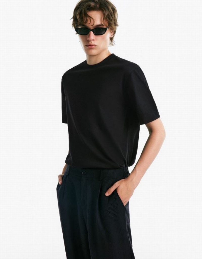 Urban Revivo Drop Shoulder Sleeve Crew Neck Tシャツ メンズ 黒 | 918304-GBA