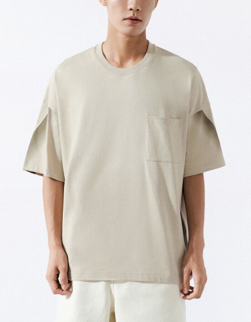 Urban Revivo Drop Shoulder Sleeve Crew Neck Tシャツ メンズ カーキ | 783962-PTS