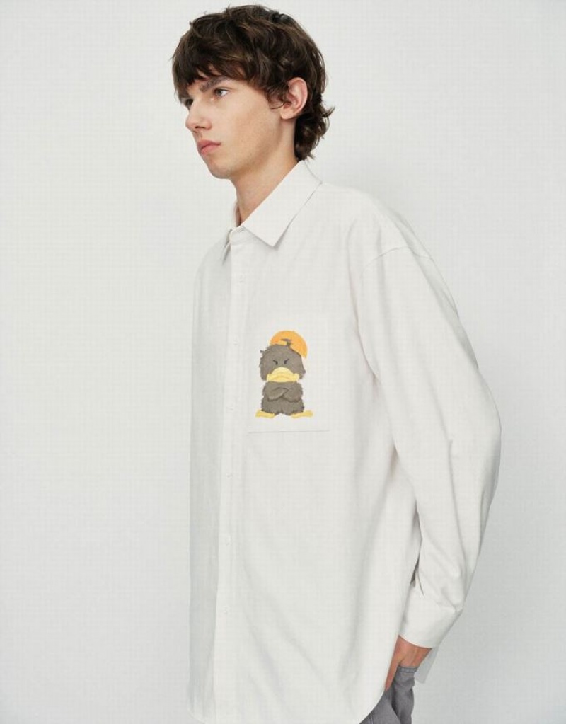 Urban Revivo Duck Printed Oversized シャツ メンズ 白 | 785613-FZV