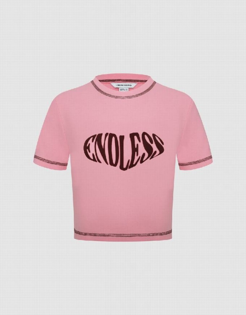 Urban Revivo Endless Printed Crew Neck スキニー Tシャツ レディース ピンク | 015286-KPO