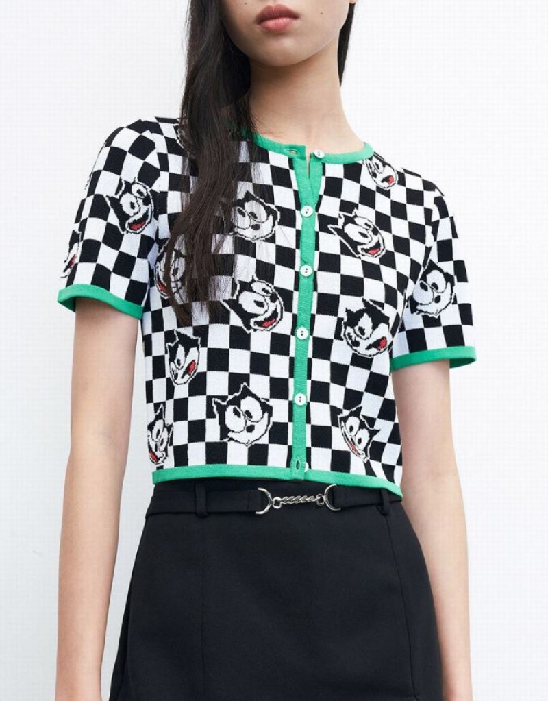 Urban Revivo Felix The Cat Checkered Short Sleeve カーディガン レディース カラー | 593780-IVT