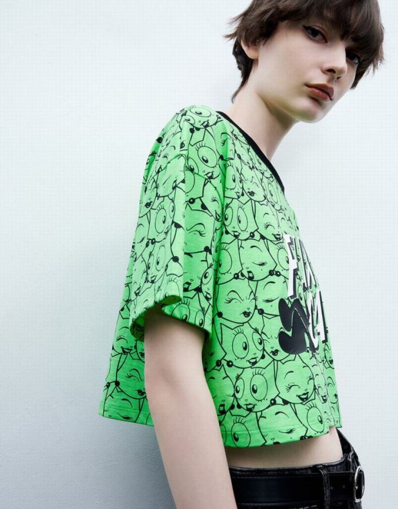 Urban Revivo Felix The Cat Printed Crew Neck Tシャツ レディース 緑 | 785649-VZQ