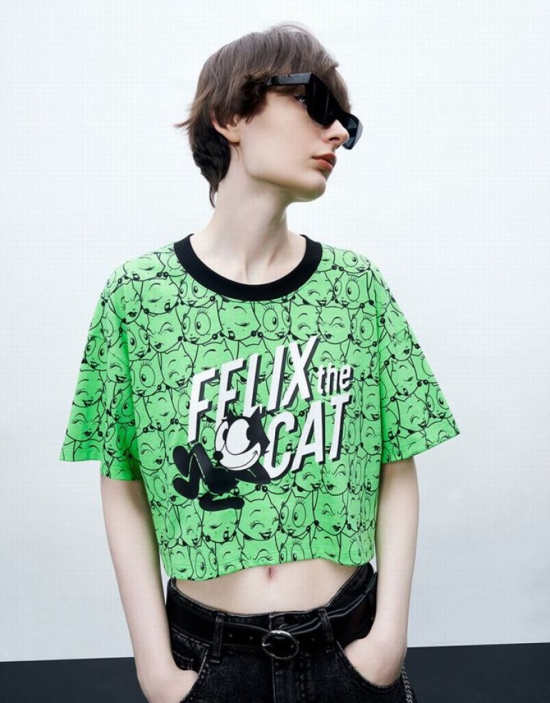 Urban Revivo Felix The Cat Printed Crew Neck Tシャツ レディース 緑 | 785649-VZQ