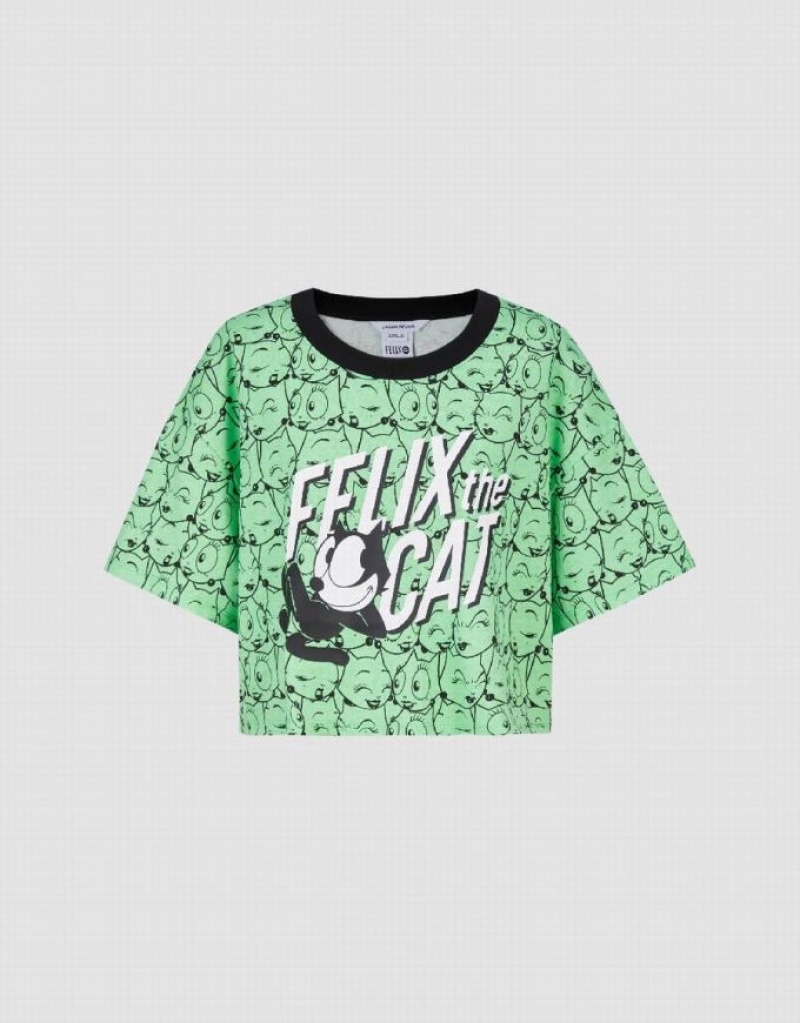 Urban Revivo Felix The Cat Printed Crew Neck Tシャツ レディース 緑 | 785649-VZQ