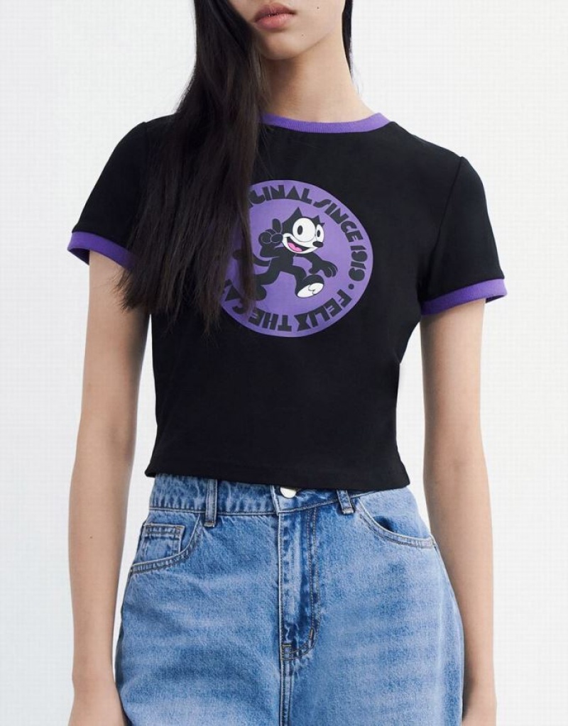 Urban Revivo Felix The Cat Tシャツ レディース 黒 | 097382-RHZ