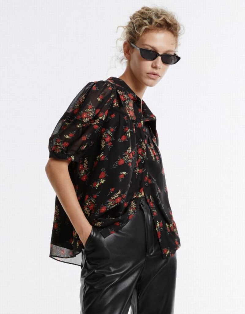 Urban Revivo Floral Button Up シャツ レディース カラー | 219856-BSQ