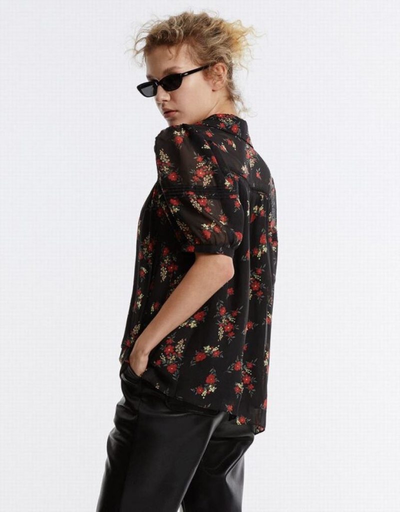 Urban Revivo Floral Button Up シャツ レディース カラー | 219856-BSQ