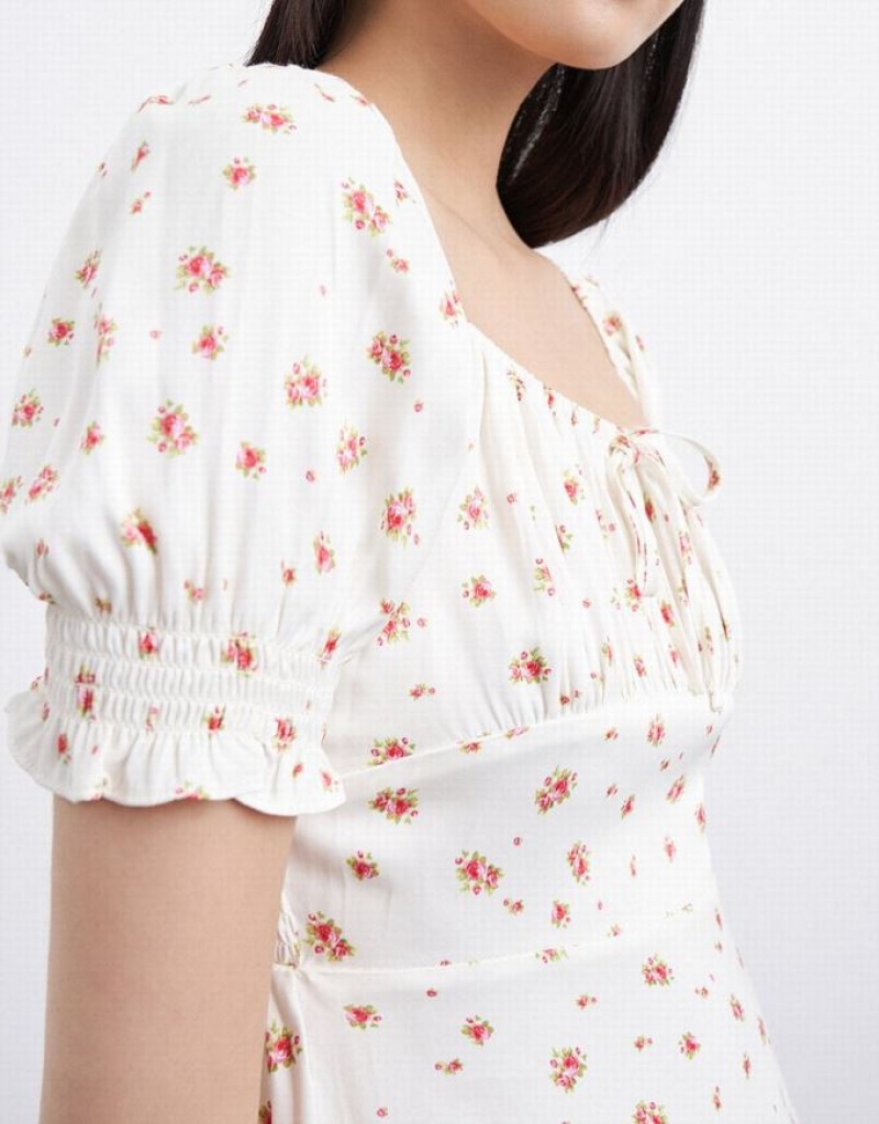 Urban Revivo Floral Ruched Puff Sleeve カジュアルドレス レディース 黄色 | 651724-XNV