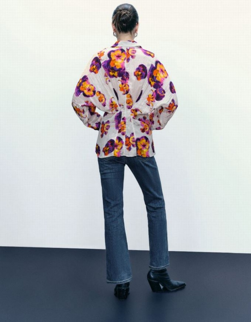 Urban Revivo Flower Printed Button Up シャツ レディース 紫 | 579426-HRK