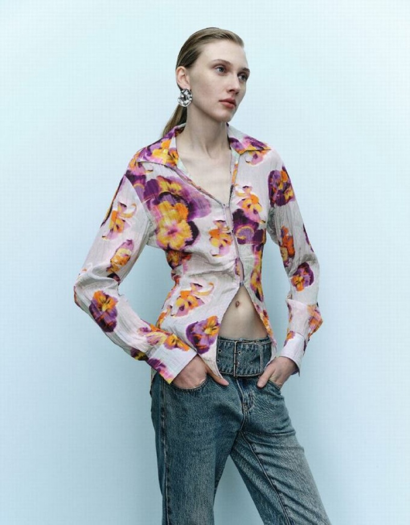 Urban Revivo Flower Printed シャツ レディース 青 | 179485-FSO