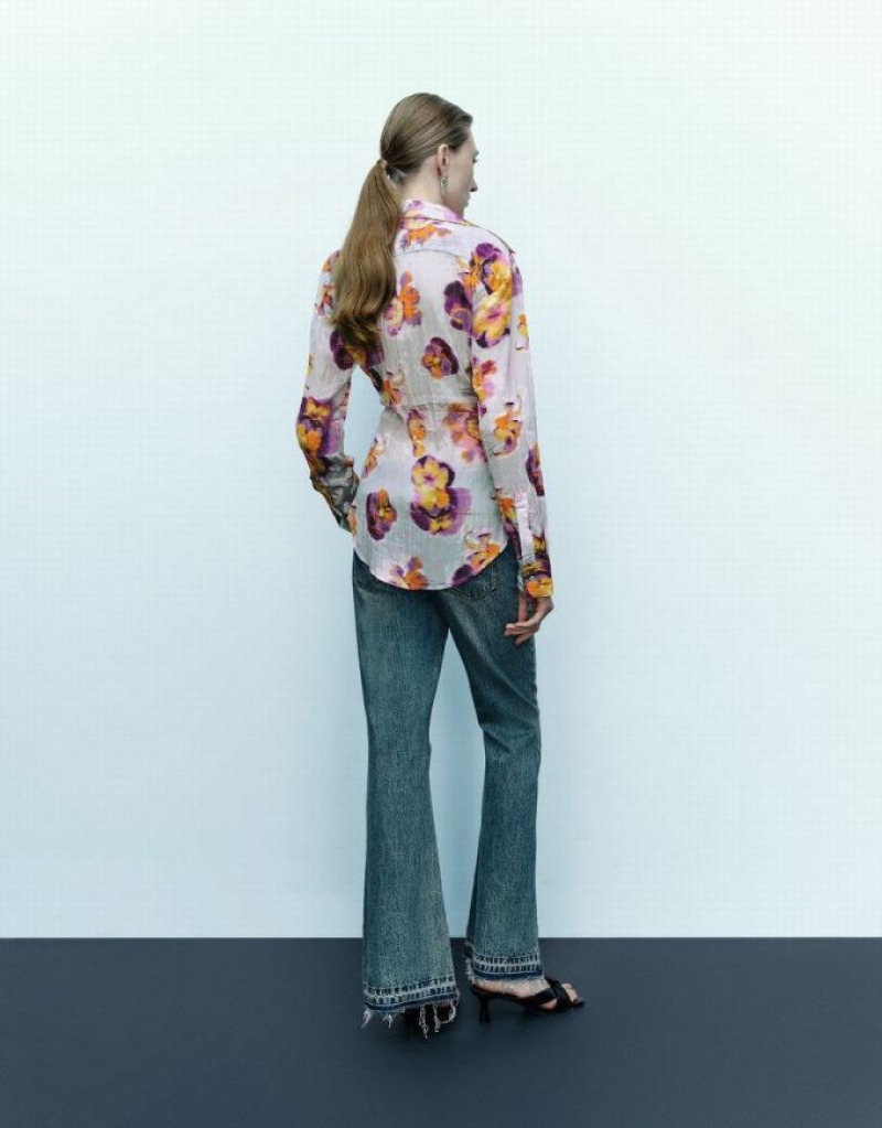 Urban Revivo Flower Printed シャツ レディース 青 | 179485-FSO