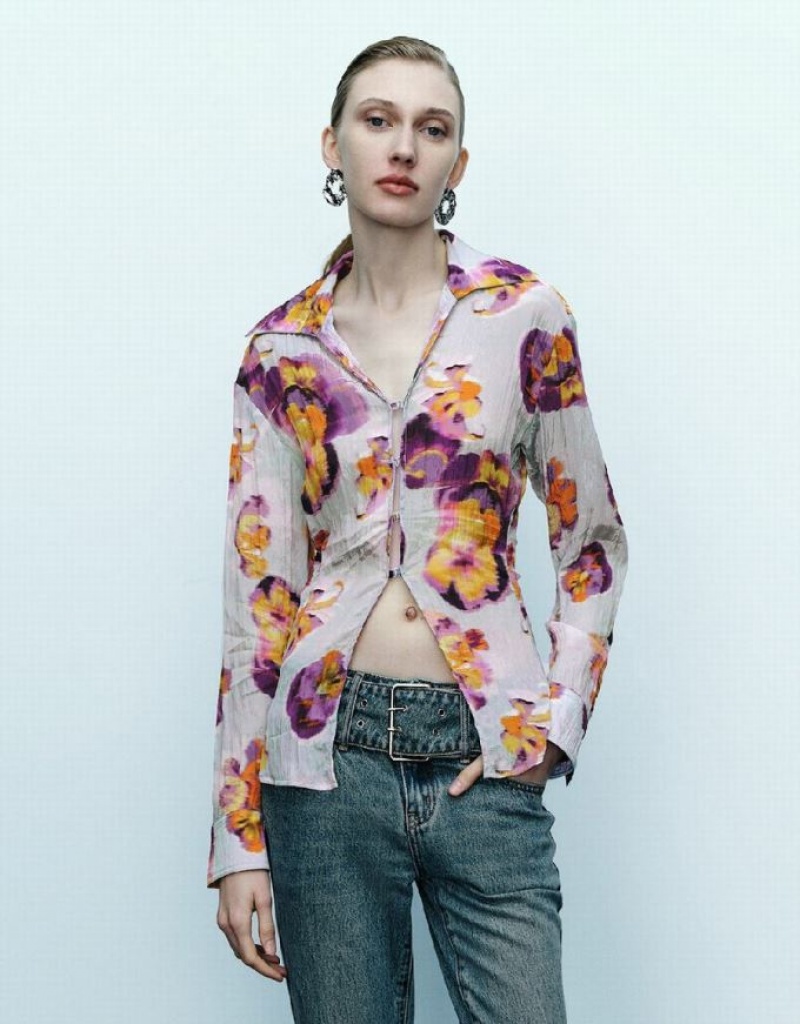 Urban Revivo Flower Printed シャツ レディース 青 | 179485-FSO