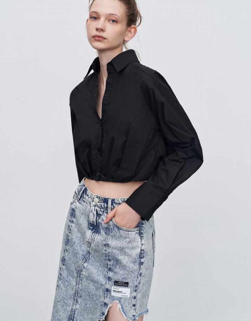 Urban Revivo Gathered Waist Cropped Cotton シャツ レディース 黒 | 754960-NBT