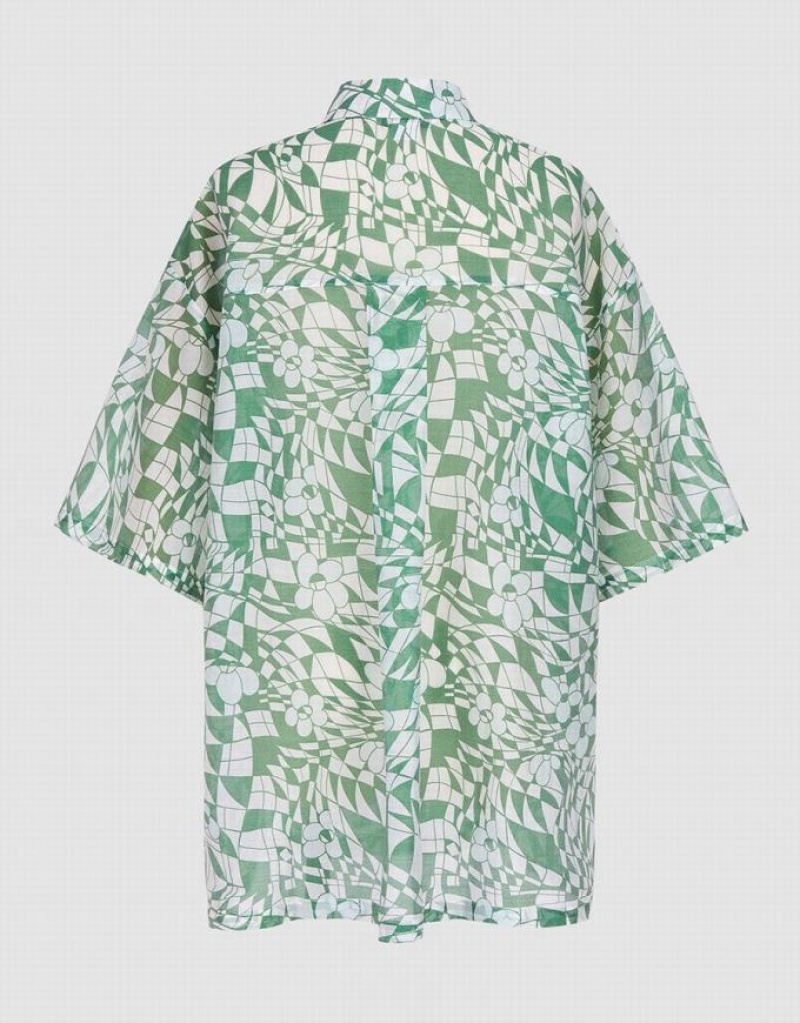 Urban Revivo Geometric Print Short Sleeve シャツ レディース 緑 | 259374-MQP