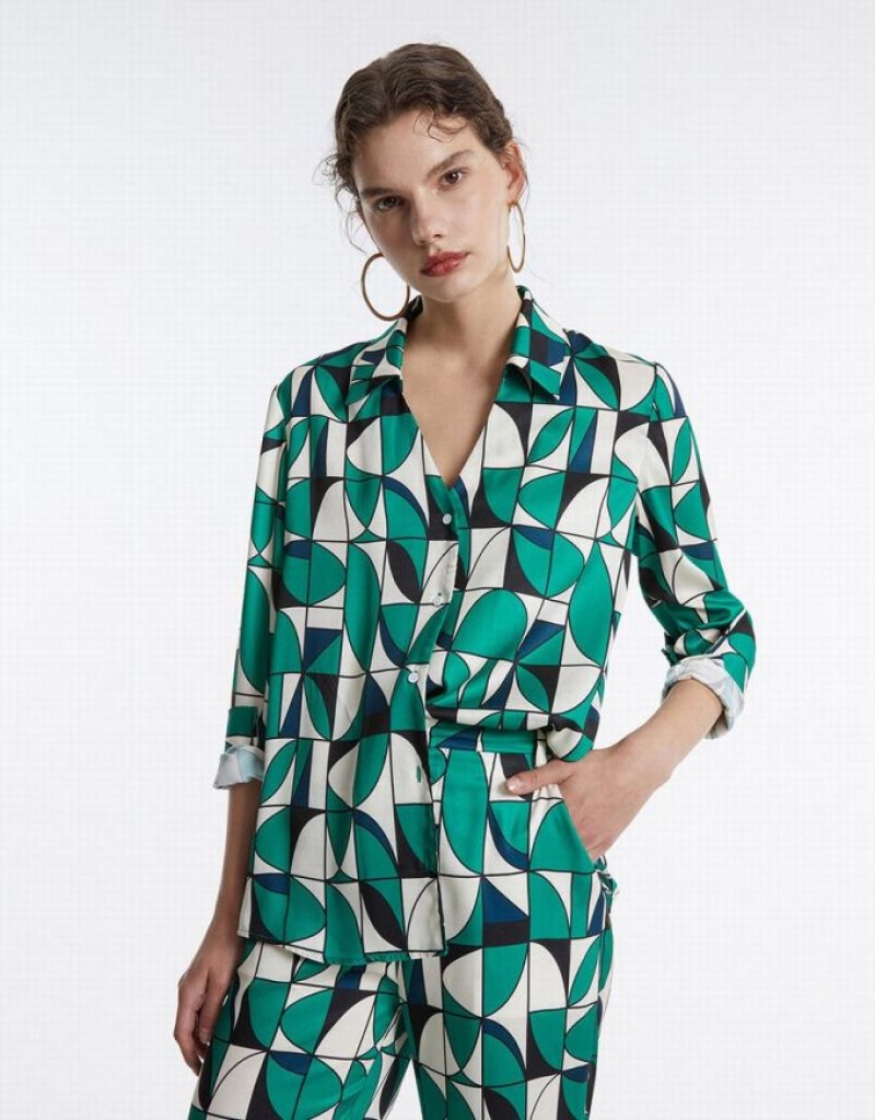 Urban Revivo Geometric Print シャツ レディース 緑 | 924368-PSO