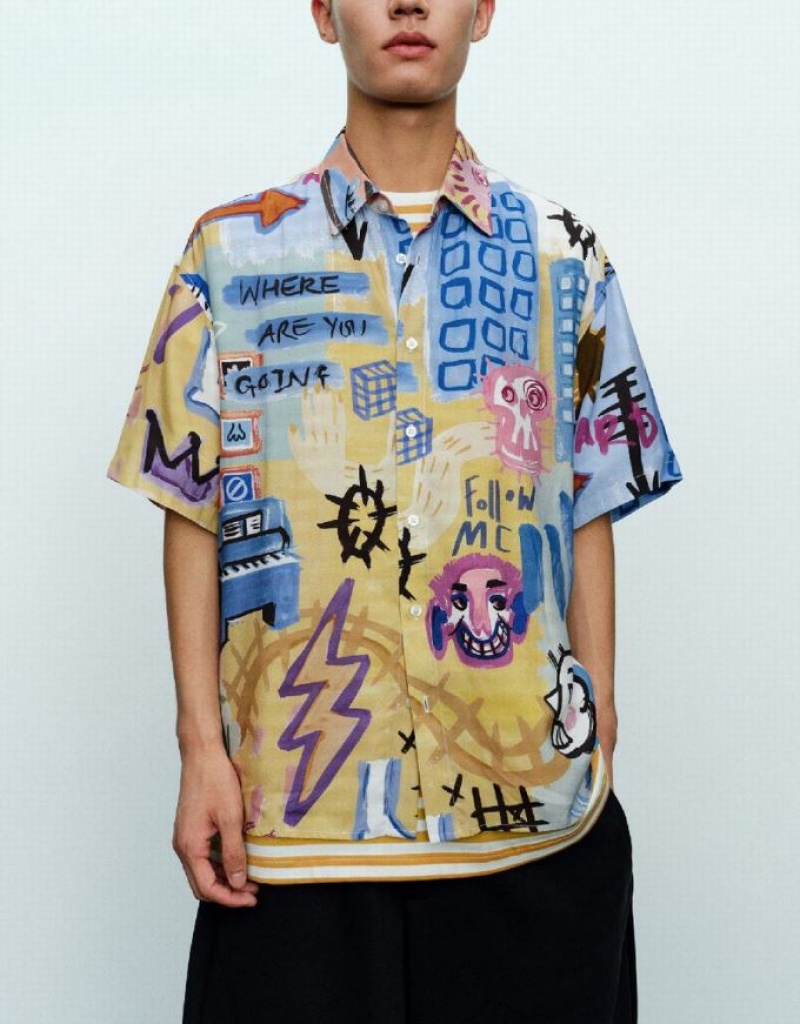 Urban Revivo Graffiti Printed Loose シャツ メンズ カラー | 413657-QDF