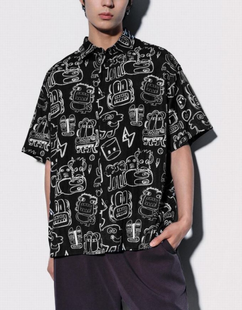 Urban Revivo Graffiti Printed Oversized シャツ メンズ 黒 | 576801-HOW