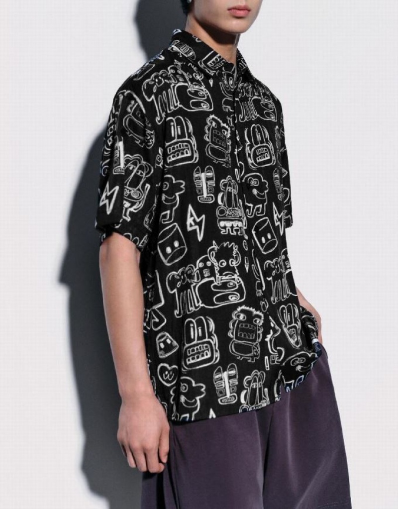 Urban Revivo Graffiti Printed Oversized シャツ メンズ 黒 | 576801-HOW