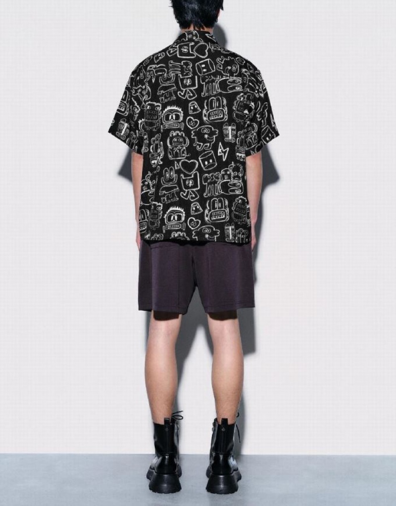 Urban Revivo Graffiti Printed Oversized シャツ メンズ 黒 | 576801-HOW