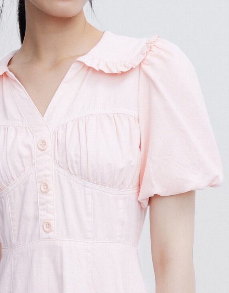 Urban Revivo Half Button Ruffle Hem デニムワンピース レディース ピンク | 950418-QBF