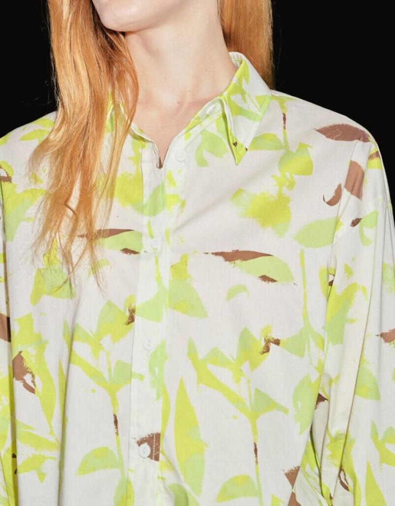 Urban Revivo Leaf Print Button Up シャツ レディース 緑 | 693420-ZHD