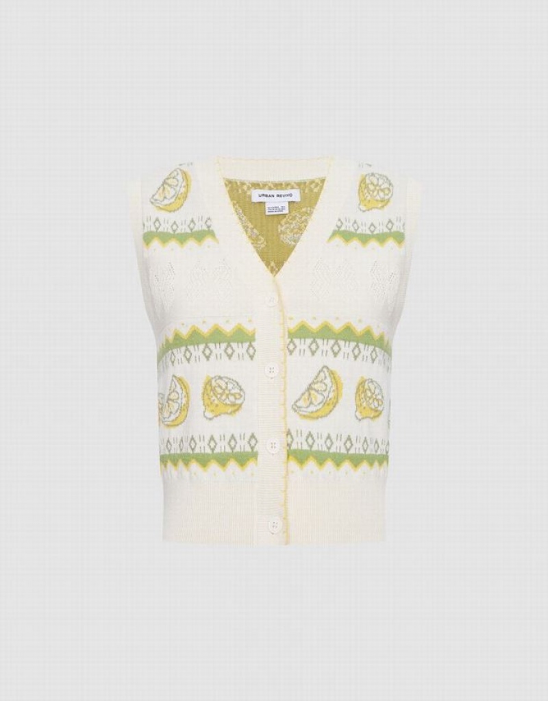 Urban Revivo Lemon Print Button Front ニット タンクトップ レディース 白 緑 | 071235-ZXO