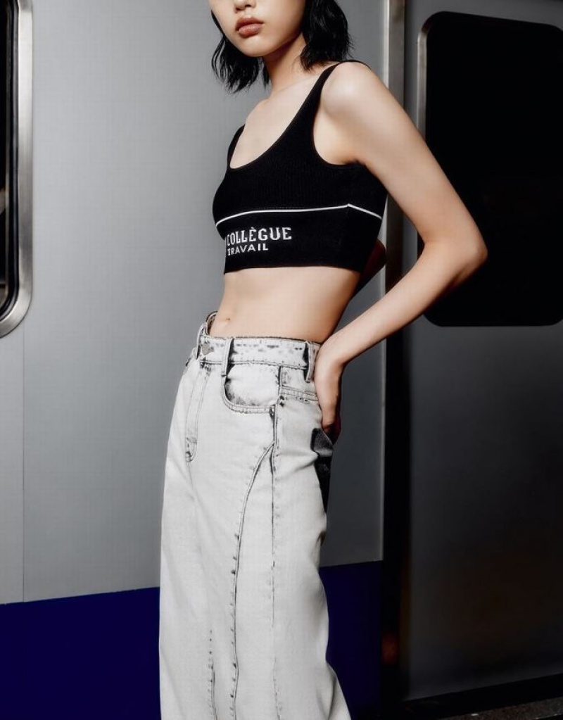 Urban Revivo Letter Cropped タンクトップ レディース 黒 | 618034-PGR